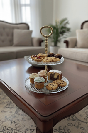 2 Katlı Cam Kek & Kurabiye Sunum Standı – Gold Kulplu Şık Sunumluk