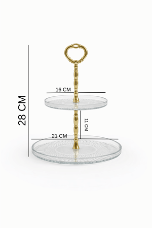 2 Katlı Cam Kek & Kurabiye Sunum Standı – Gold Kulplu Şık Sunumluk