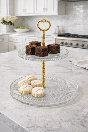 2 Katlı Cam Kek & Kurabiye Sunum Standı – Gold Kulplu Şık Sunumluk