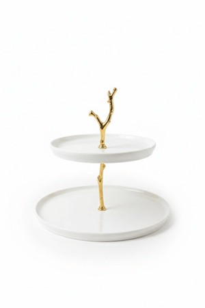 2 Katlı Porselen Kurabiyelik Standı - Altın Dal Detaylı Pasta Kek Sunumluk
