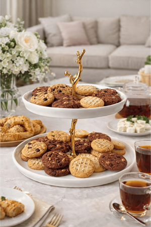 2 Katlı Porselen Kurabiyelik Standı - Altın Dal Detaylı Pasta Kek Sunumluk