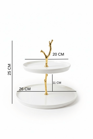 2 Katlı Porselen Kurabiyelik Standı - Altın Dal Detaylı Pasta Kek Sunumluk
