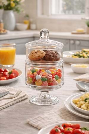 2 Katlı El Yapımı Ayaklı Kapaklı Şeffaf Cam Kurabiyelik Kase – Drajelik, Kek ve Tatlı Sunumluk