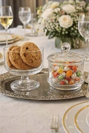 2 Katlı El Yapımı Ayaklı Kapaklı Şeffaf Cam Kurabiyelik Kase – Drajelik, Kek ve Tatlı Sunumluk