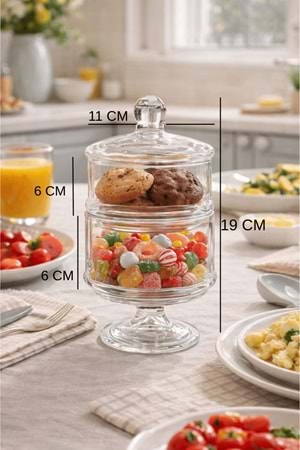 2 Katlı El Yapımı Ayaklı Kapaklı Şeffaf Cam Kurabiyelik Kase – Drajelik, Kek ve Tatlı Sunumluk