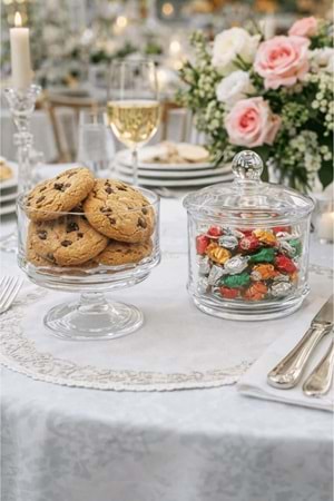 2 Katlı El Yapımı Ayaklı Kapaklı Şeffaf Cam Kurabiyelik Kase – Drajelik, Kek ve Tatlı Sunumluk