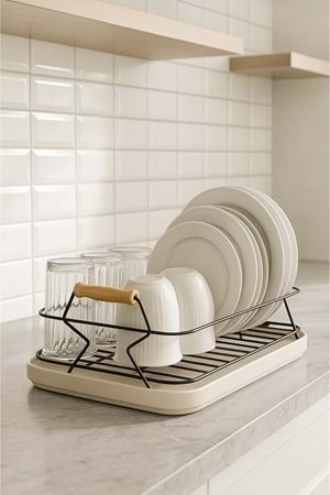 Ahşap Saplı Metal Bulaşık Sepeti - Tabak ve Bardak Kurutma Teli Plastik Altlıklı Bulaşıklık