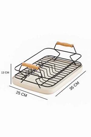 Ahşap Saplı Metal Bulaşık Sepeti - Tabak ve Bardak Kurutma Teli Plastik Altlıklı Bulaşıklık
