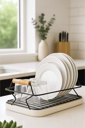 Ahşap Saplı Metal Bulaşık Sepeti - Tabak ve Bardak Kurutma Teli Plastik Altlıklı Bulaşıklık