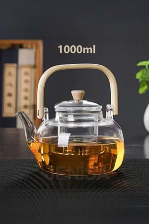 Ahşap Saplı Cam Filtreli Demlik 1000 ML - Isıya Dayanıklı Cam Bitki Çayı Demlik