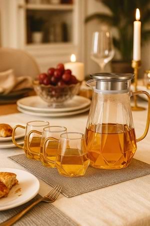 5 Parça Cam Sürahi ve Bardak Seti – Metal Kapaklı 1500 ml Sürahi + 4 Adet 350 ml Bardak