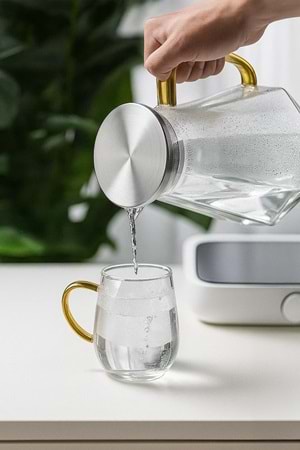 5 Parça Cam Sürahi ve Bardak Seti – Metal Kapaklı 1500 ml Sürahi + 4 Adet 350 ml Bardak