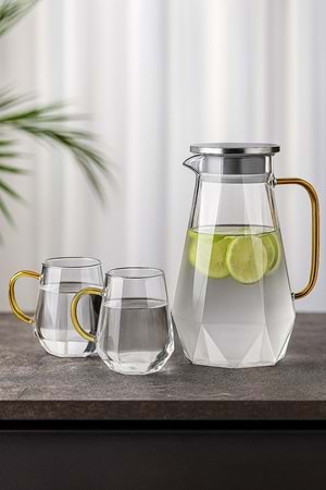 5 Parça Cam Sürahi ve Bardak Seti – Metal Kapaklı 1500 ml Sürahi + 4 Adet 350 ml Bardak