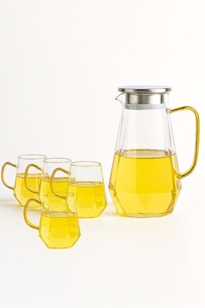 5 Parça Cam Sürahi ve Bardak Seti – Metal Kapaklı 1500 ml Sürahi + 4 Adet 350 ml Bardak