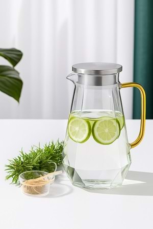 5 Parça Cam Sürahi ve Bardak Seti – Metal Kapaklı 1500 ml Sürahi + 4 Adet 350 ml Bardak