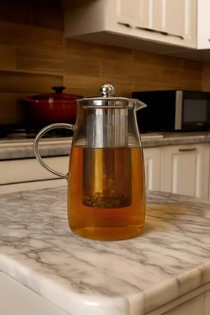 1500 ml Cam Metal Süzgeçli Demlik – Isıya Dayanıklı Detoks Sürahisi & Bitki Çayı Karafı