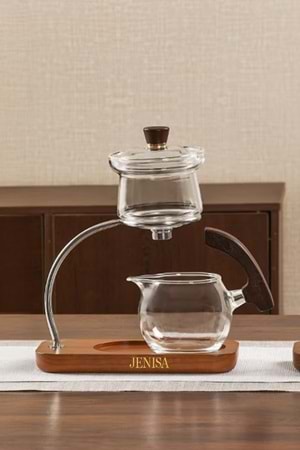 Borosilikat Cam Manyetik Demlik Süzgeçli Bitki Çayı Demliği - Ahşap Standlı Otomatik Çay Süzme