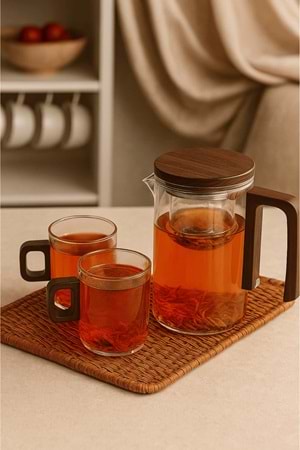 Borosilikat Cam Sihirli Demlik 720 ml Isıya Dayanıklı 2 Bardaklı Bitki Çayı Demleme Seti