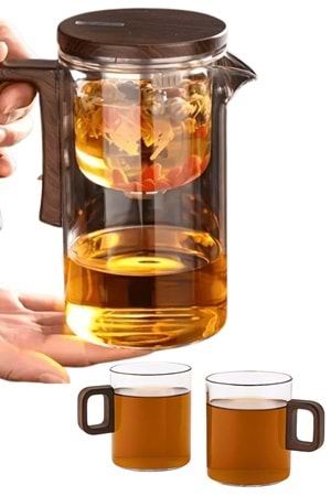 Borosilikat Cam Sihirli Demlik 720 ml Isıya Dayanıklı 2 Bardaklı Bitki Çayı Demleme Seti