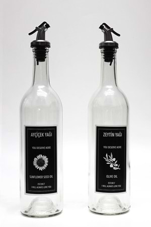 Dibi Çukur Şeffaf Cam Şişe Etiketli 2'li 750 ml Zeytinyağı Sıvıyağ Şişesi Yağdanlık