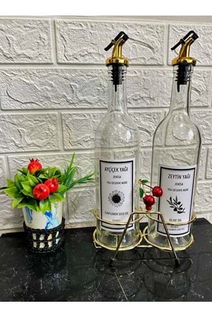 Altın Standlı Kiraz Figürlü 750Ml Şeffaf Şişe Altın Akıtıcılı Etiketli Yağlık Yağdanlık