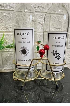 Altın Standlı Kiraz Figürlü 750Ml Şeffaf Şişe Altın Akıtıcılı Etiketli Yağlık Yağdanlık