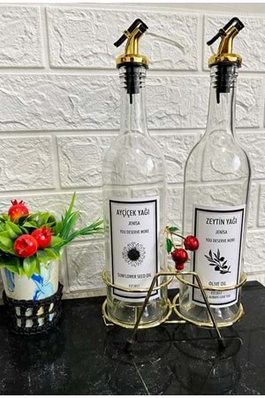 Altın Standlı Kiraz Figürlü 750Ml Şeffaf Şişe Altın Akıtıcılı Etiketli Yağlık Yağdanlık