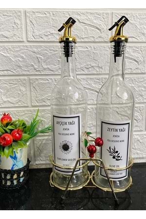 Altın Standlı Kiraz Figürlü 750Ml Şeffaf Şişe Altın Akıtıcılı Etiketli Yağlık Yağdanlık