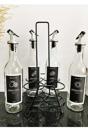 Dörtlü Siyah Metal Standlı Yağlık Sosluk Stand 375 Ml Şişeli Etiketli