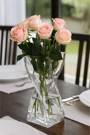 Kare Formlu Spiral Cam Vazo - Çiçek Vazo Şeffaf 25 cm