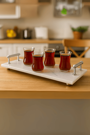 Gümüş Saplı Mermer Çok Amaçlı Sunum Tepsisi - Söz & Nişan Yüzük Tepsisi