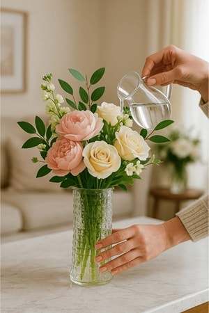 Kare Desenli Şeffaf Cam Vazo – Dekoratif Masa Üstü Vazo