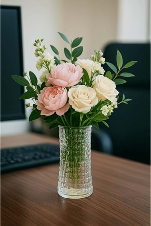 Kare Desenli Şeffaf Cam Vazo – Dekoratif Masa Üstü Vazo