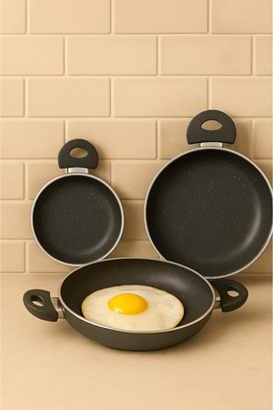 Granit 3’lü Sahan Seti – Yapışmaz Çift Kulplu Gri Sahan 20/22/24 cm