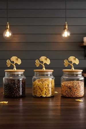 Altın Ginkgo Figürlü 3’lü Cam Kavanoz Seti – Bambu Kapaklı 635 cc Saklama Kabı