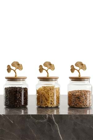 Altın Ginkgo Figürlü 3’lü Cam Kavanoz Seti – Bambu Kapaklı 635 cc Saklama Kabı