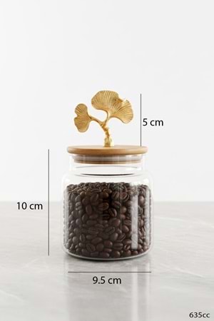Altın Ginkgo Figürlü 3’lü Cam Kavanoz Seti – Bambu Kapaklı 635 cc Saklama Kabı
