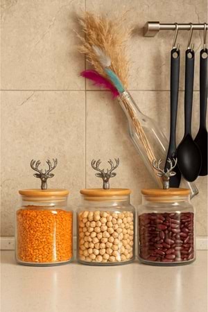 3'lü Metal Siyah Geyik Figürlü Bambu Kapaklı Cam Kavanoz – Şık Saklama Kabı 635 cc