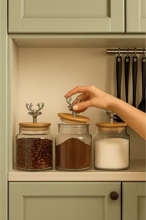 3'lü Metal Siyah Geyik Figürlü Bambu Kapaklı Cam Kavanoz – Şık Saklama Kabı 635 cc