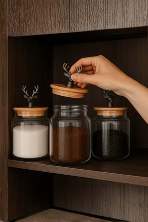 3'lü Metal Siyah Geyik Figürlü Bambu Kapaklı Cam Kavanoz – Şık Saklama Kabı 635 cc