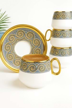 Zeugma Desenli Altın Yaldızlı 6 Kişilik Türk Kahve Fincan Takımı – 12 Parça Şık Sunum Seti