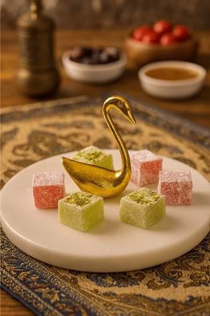 Altın Kuğu Dekorlu Mermer Lokumluk – İkram, Tatlı & Drajelik Sunum Tabağı