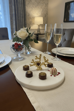 Altın Mercan Dekorlu Mermer Lokumluk – İkram, Tatlı & Drajelik Sunum Tabağı