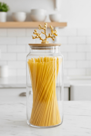 1400 ml Borosilikat Cam Kavanoz - Altın Mercan Figür Bambu Kapaklı Lüks Saklama Kabı