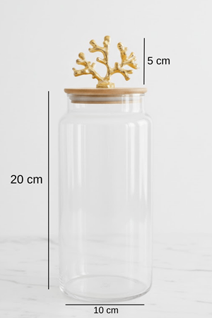 1400 ml Borosilikat Cam Kavanoz - Altın Mercan Figür Bambu Kapaklı Lüks Saklama Kabı