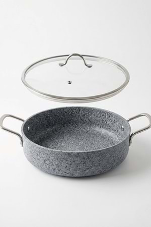 Stone-H 30 cm Çizilmez Yanmaz Yapışmaz Basık Tencere - Cam Kapaklı Karnı Yarık Tenceresi