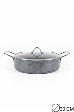 Stone-H 30 cm Çizilmez Yanmaz Yapışmaz Basık Tencere - Cam Kapaklı Karnı Yarık Tenceresi