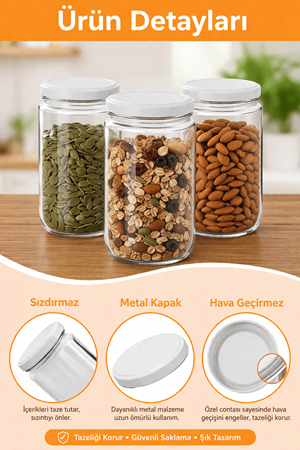 6 Adet 660 cc Cam Kavanoz Beyaz Metal Kapaklı – 660 ml Sosluk, Konserve ve Saklama Kavanozu Seti