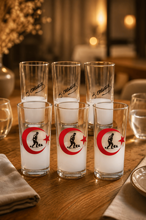 6'lı Atatürk İmzalı ve Türk Bayraklı Cam Rakı Bardağı Seti