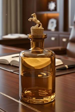 El Yapımı Cam Sürahi At Figürlü Amber Cam Karaf – Mantar Tıpalı Dekoratif Şişe